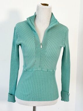 CACHE Womens M Blue/Green 1/2 Zip Sweater Silk Blend Y2K Ribbed Vintage Inspired